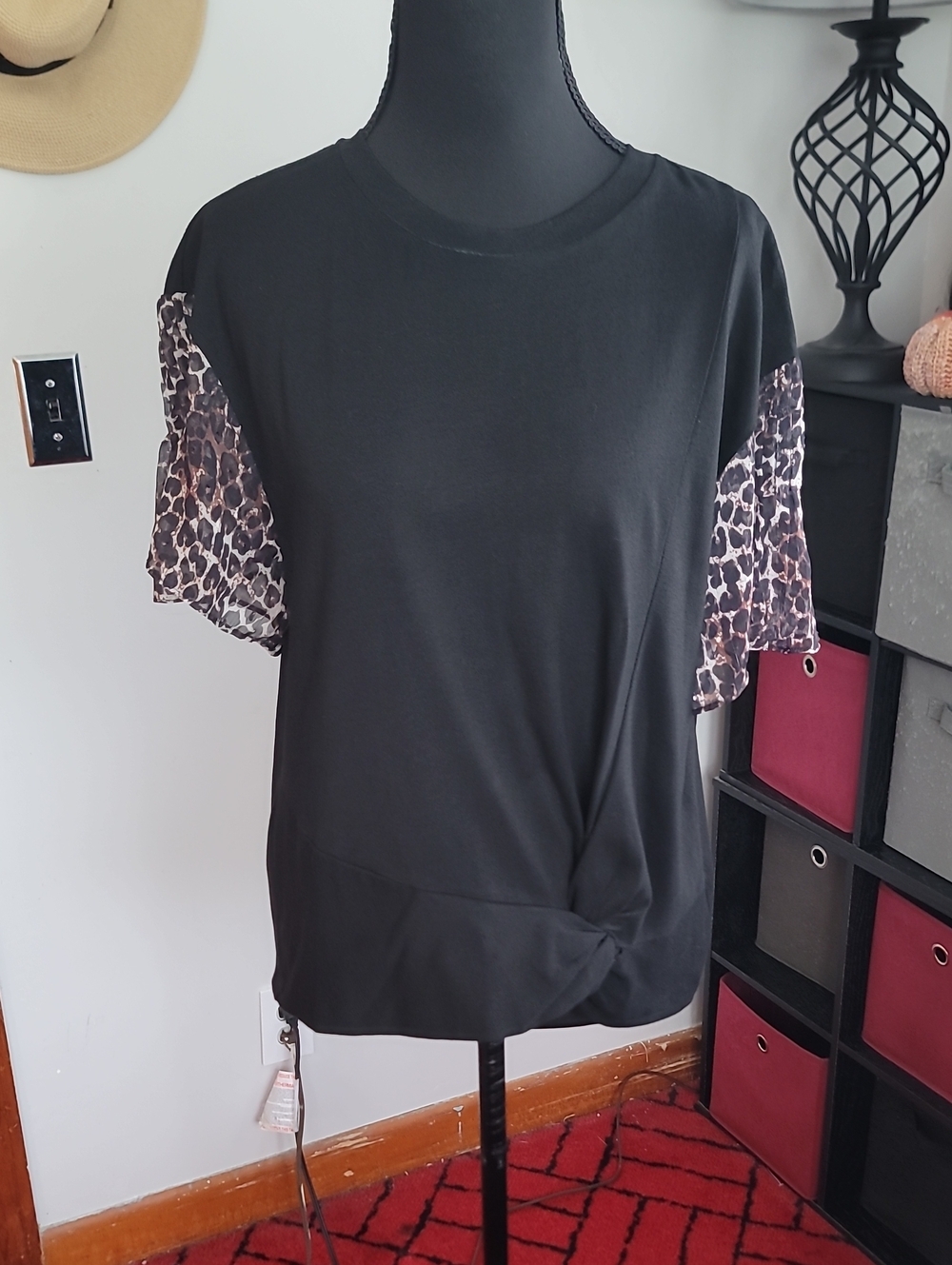 Anthropologie Current Air Black Tee with Leopard Print Sheer Sleeves
